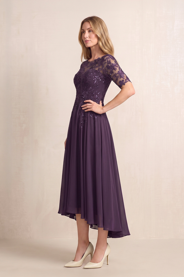 Plum Illusion Neck A-Line Chiffon Lace Midi Mother of the Bride Dress with Half Sleeves (3) | KISSBRIDAL