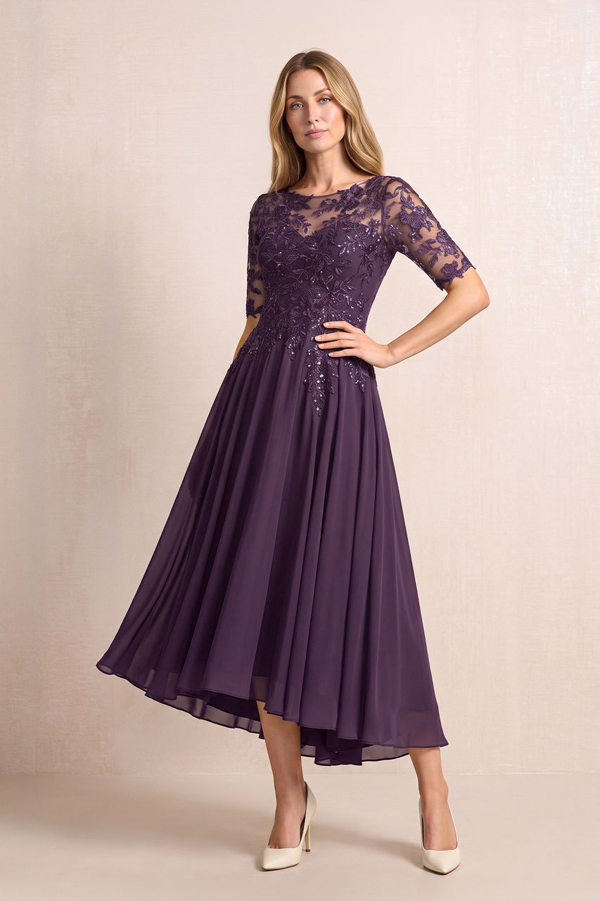 Plum Illusion Neck A-Line Chiffon Lace Midi Mother of the Bride Dress with Half Sleeves