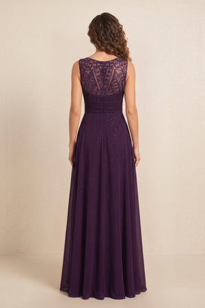 Plum Illusion Neck A-Line Satin Embroidered Pleated Mother of the Bride Dress (2) | KISSBRIDAL