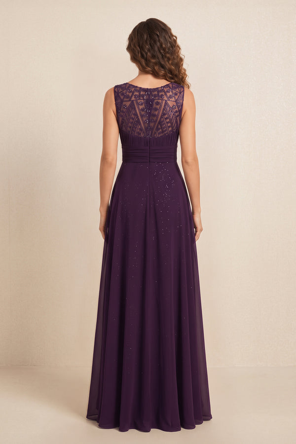 Plum Illusion Neck A-Line Satin Embroidered Pleated Mother of the Bride Dress (2) | KISSBRIDAL