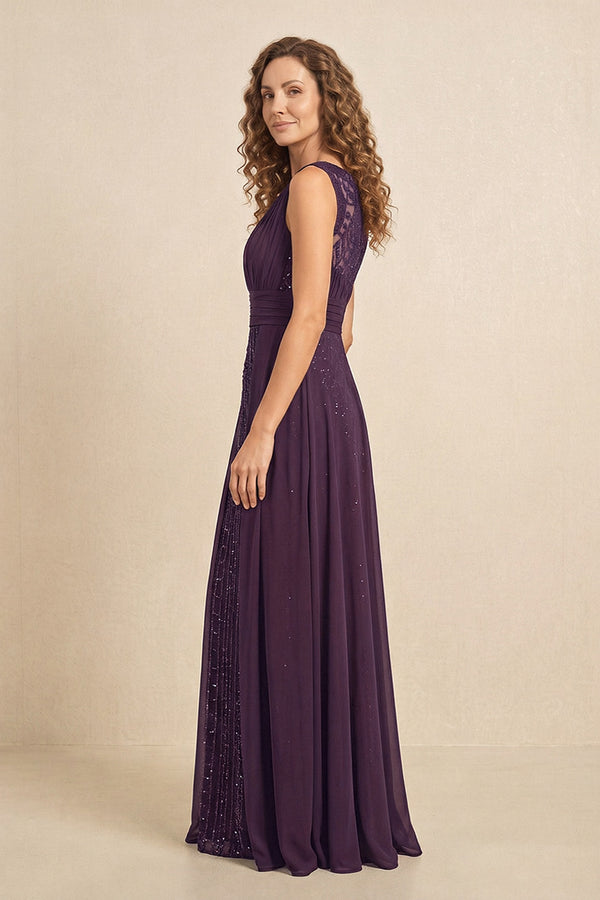 Plum Illusion Neck A-Line Satin Embroidered Pleated Mother of the Bride Dress (3) | KISSBRIDAL