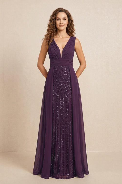 Plum Illusion Neck A-Line Satin Embroidered Pleated Mother of the Bride Dress | KISSBRIDAL