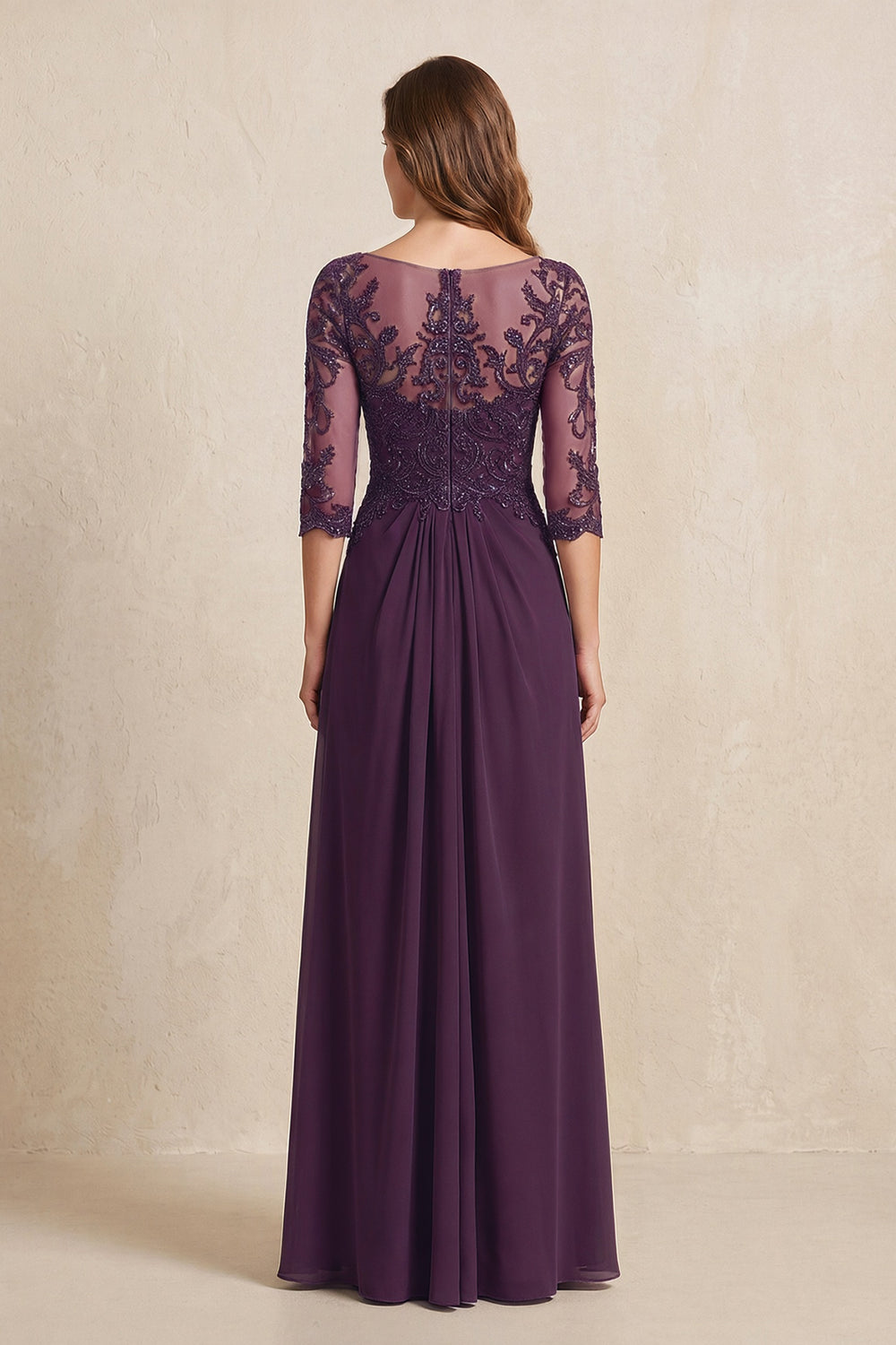 Plum Illusion Neck Sheath Embroidered Chiffon Mother of the Bride Dress with Half Sleeves