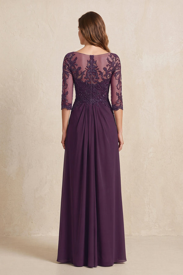 Plum Illusion Neck Sheath Embroidered Chiffon Mother of the Bride Dress with Half Sleeves (2) | KISSBRIDAL