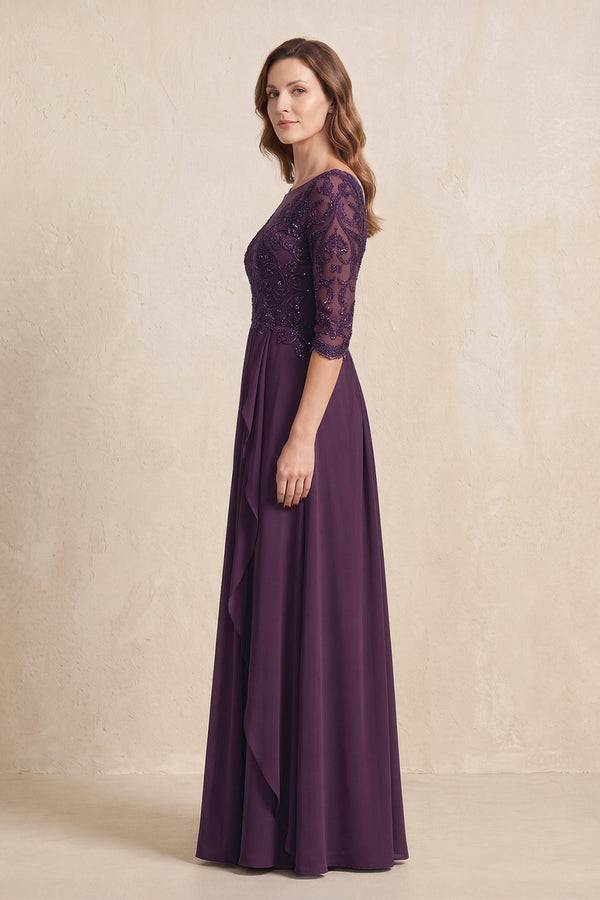 Plum Illusion Neck Sheath Embroidered Chiffon Mother of the Bride Dress with Half Sleeves (3) | KISSBRIDAL