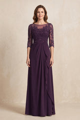 Plum Illusion Neck Sheath Embroidered Chiffon Mother of the Bride Dress with Half Sleeves | KISSBRIDAL