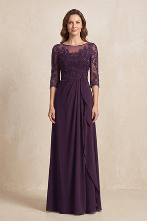 Plum Illusion Neck Sheath Embroidered Chiffon Mother of the Bride Dress with Half Sleeves | KISSBRIDAL