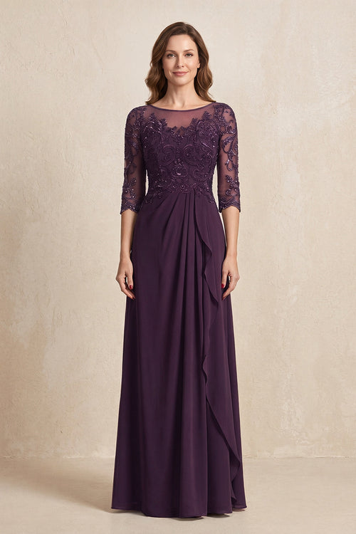 Plum Illusion Neck Sheath Embroidered Chiffon Mother of the Bride Dress with Half Sleeves | KISSBRIDAL