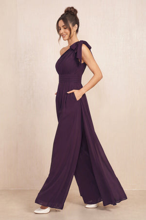 Plum One-Shoulder Chiffon Mother of the Bride Jumpsuits (3) | KISSBRIDAL