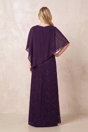 Plum Round Neck Lace Sheath Chiffon Cape Sleeves Mother of the Bride Dress (2) | KISSBRIDAL
