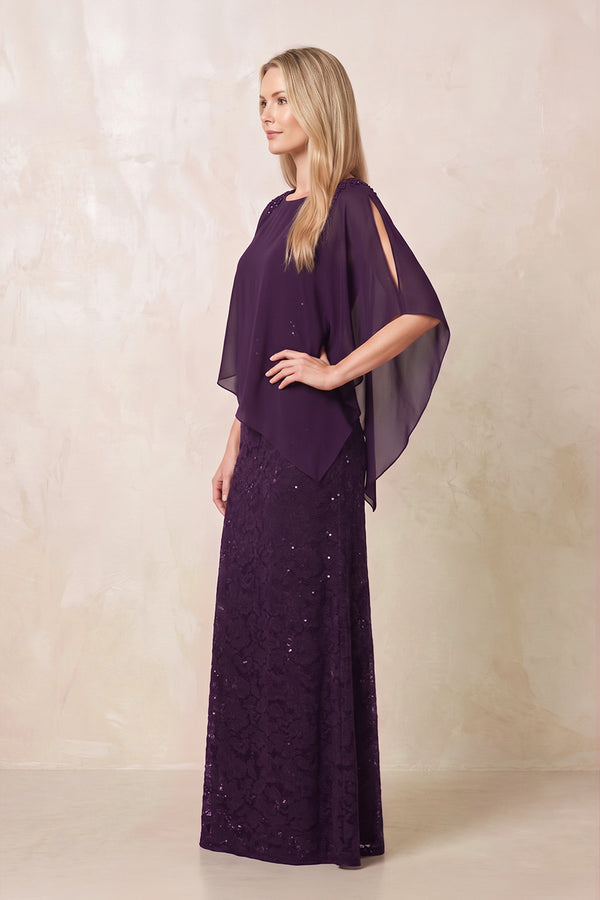 Plum Round Neck Lace Sheath Chiffon Cape Sleeves Mother of the Bride Dress (3) | KISSBRIDAL