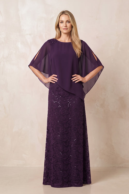 Plum Round Neck Lace Sheath Chiffon Cape Sleeves Mother of the Bride Dress | KISSBRIDAL