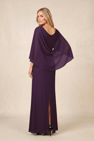 Plum Round Neck Sheath Chiffon Cape Sleeves Ruched Mother of the Bride Dress (2) | KISSBRIDAL