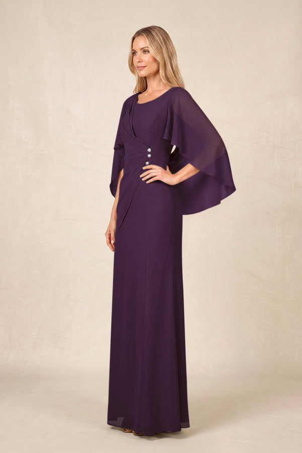 Plum Round Neck Sheath Chiffon Cape Sleeves Ruched Mother of the Bride Dress (3) | KISSBRIDAL