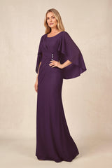 Plum Round Neck Sheath Chiffon Cape Sleeves Ruched Mother of the Bride Dress | KISSBRIDAL
