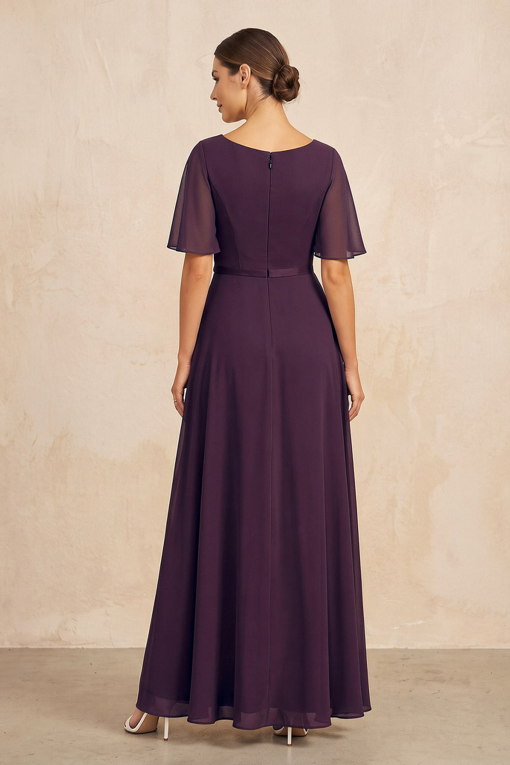 Plum Ruched A-Line Chiffon V-Neck Mother of the Bride Dress with Sleeves