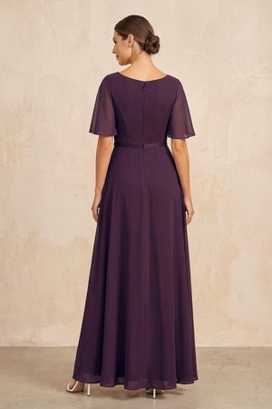 Plum Ruched A-Line Chiffon V-Neck Mother of the Bride Dress with Sleeves (2) | KISSBRIDAL
