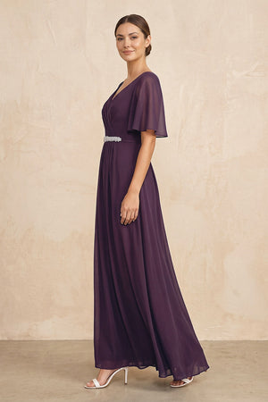 Plum Ruched A-Line Chiffon V-Neck Mother of the Bride Dress with Sleeves (3) | KISSBRIDAL