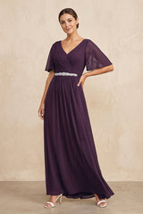 Plum Ruched A-Line Chiffon V-Neck Mother of the Bride Dress with Sleeves | KISSBRIDAL