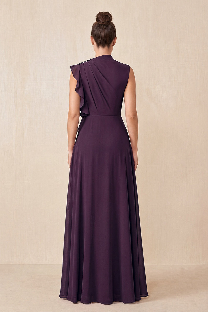 Plum Ruffled A-Line Chiffon Mother of the Bride Dress