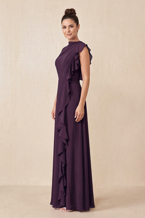 Plum Ruffled A-Line Chiffon Mother of the Bride Dress (3) | KISSBRIDAL