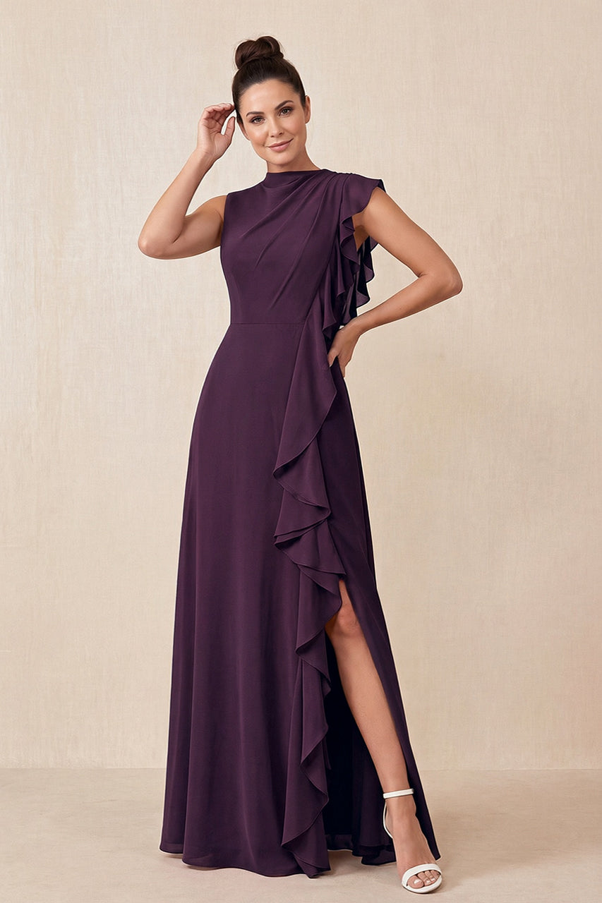 Plum Ruffled A-Line Chiffon Mother of the Bride Dress