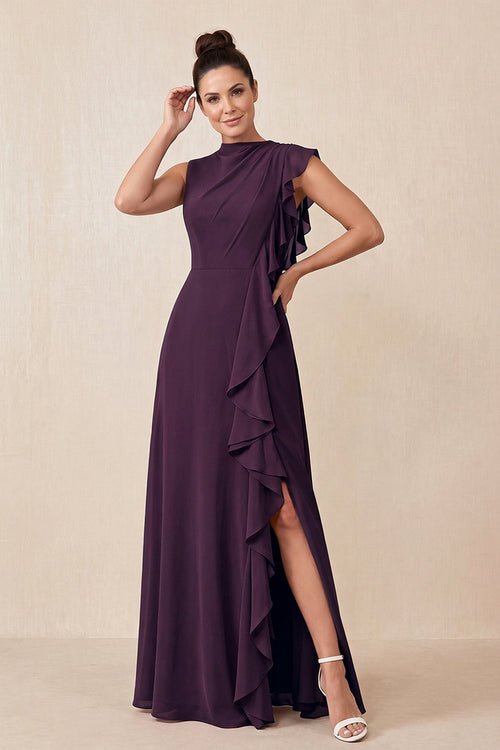 Plum Ruffled A-Line Chiffon Mother of the Bride Dress | KISSBRIDAL