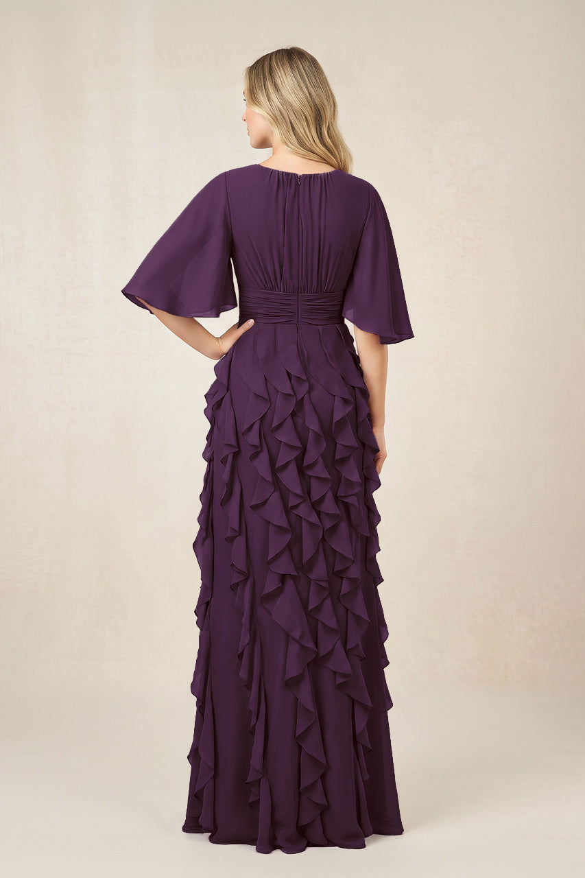 Plum Ruffled Chiffon Half Sleeves A-Line Mother of the Bride Dress