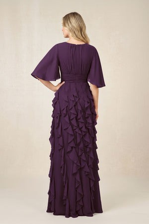 Plum Ruffled Chiffon Half Sleeves A-Line Mother of the Bride Dress (2) | KISSBRIDAL