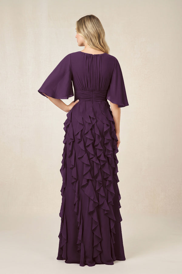 Plum Ruffled Chiffon Half Sleeves A-Line Mother of the Bride Dress (2) | KISSBRIDAL