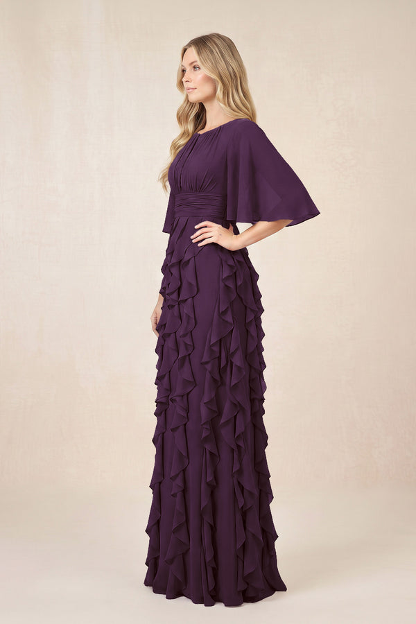 Plum Ruffled Chiffon Half Sleeves A-Line Mother of the Bride Dress (3) | KISSBRIDAL