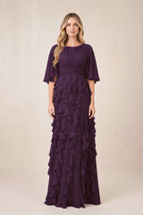 Plum Ruffled Chiffon Half Sleeves A-Line Mother of the Bride Dress | KISSBRIDAL