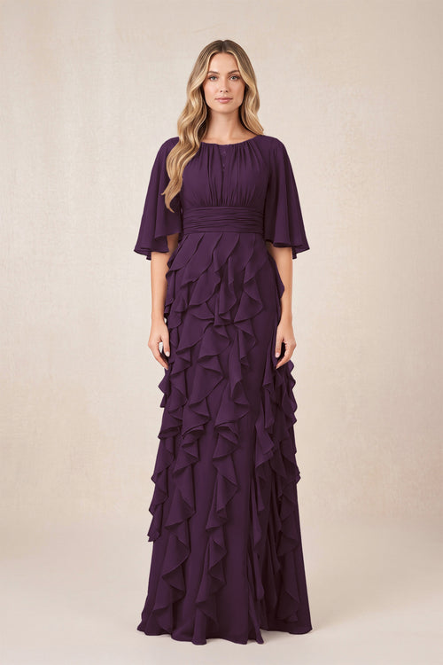 Plum Ruffled Chiffon Half Sleeves A-Line Mother of the Bride Dress | KISSBRIDAL