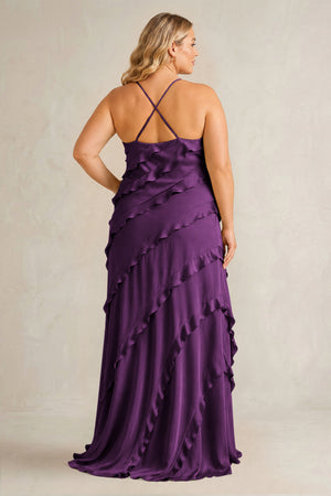 Plum Spaghetti Straps Sheath Stain Ruffled Bridesmaid Dress (2) | KISSBRIDAL[sizeplus]