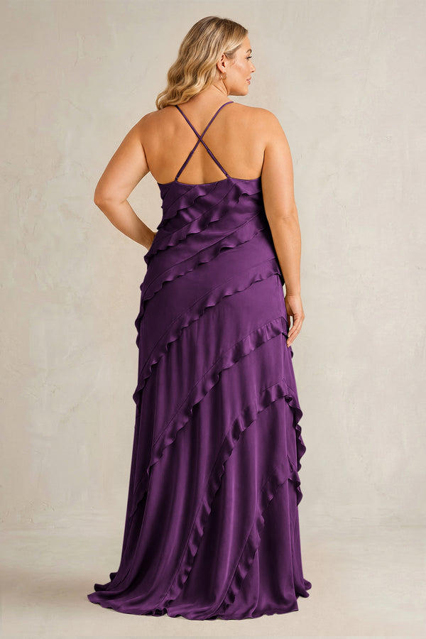 Plum Spaghetti Straps Sheath Stain Ruffled Bridesmaid Dress (2) | KISSBRIDAL[sizeplus]