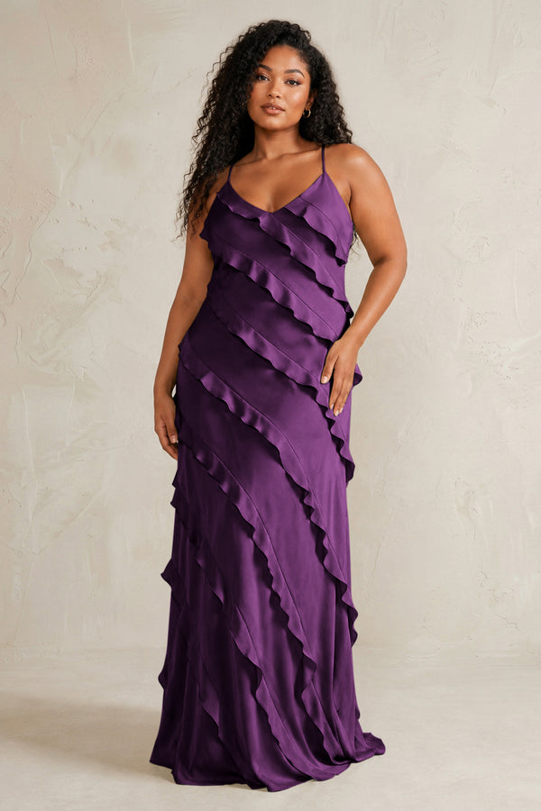 Plum Spaghetti Straps Sheath Stain Ruffled Bridesmaid Dress (3) | KISSBRIDAL[sizeplus]