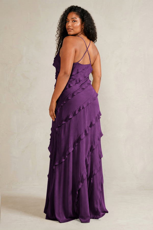 Plum Spaghetti Straps Sheath Stain Ruffled Bridesmaid Dress (4) | KISSBRIDAL[sizeplus]