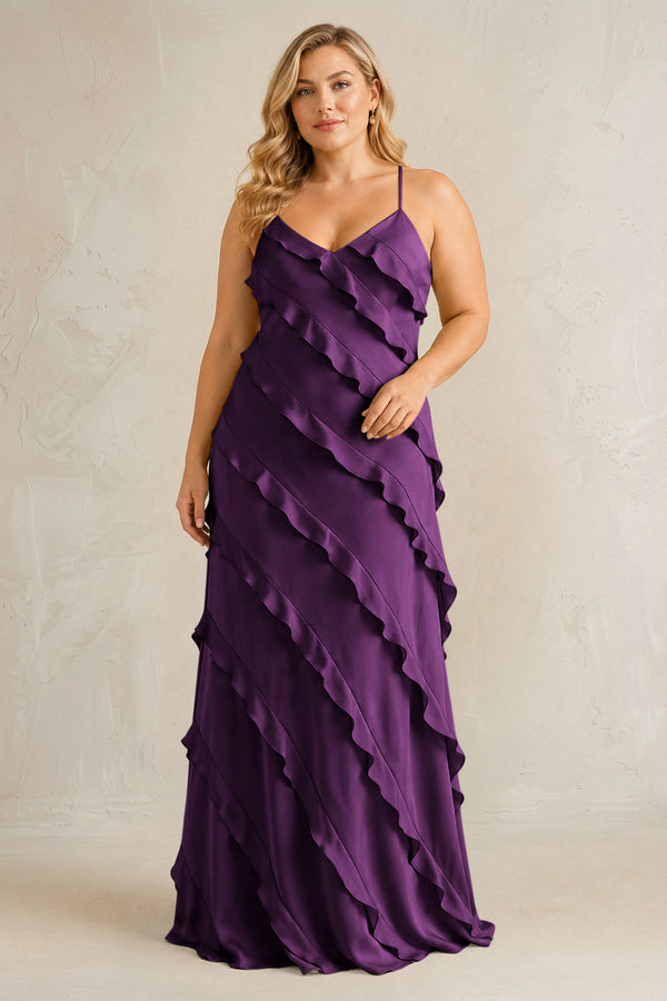 Plum Spaghetti Straps Sheath Stain Ruffled Bridesmaid Dress | KISSBRIDAL[sizeplus]