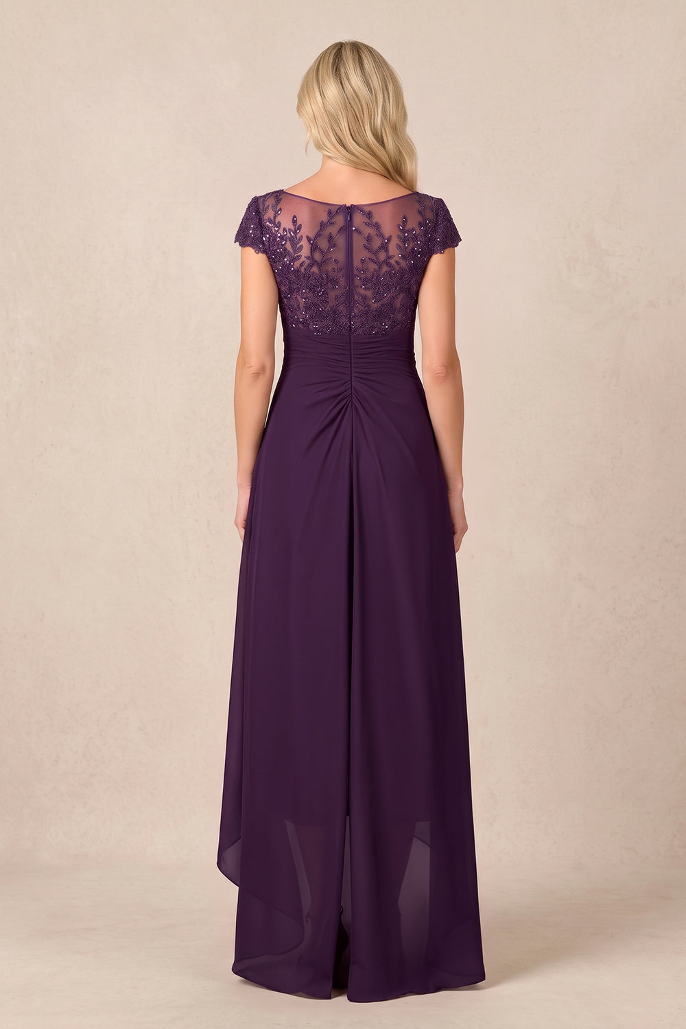 Plum V-Neck Chiffon A-Line Embroidered Ruched Mother of the Bride Dress