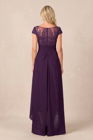 Plum V-Neck Chiffon A-Line Embroidered Ruched Mother of the Bride Dress (2) | KISSBRIDAL