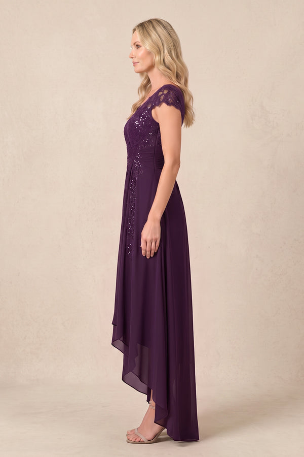 Plum V-Neck Chiffon A-Line Embroidered Ruched Mother of the Bride Dress (3) | KISSBRIDAL