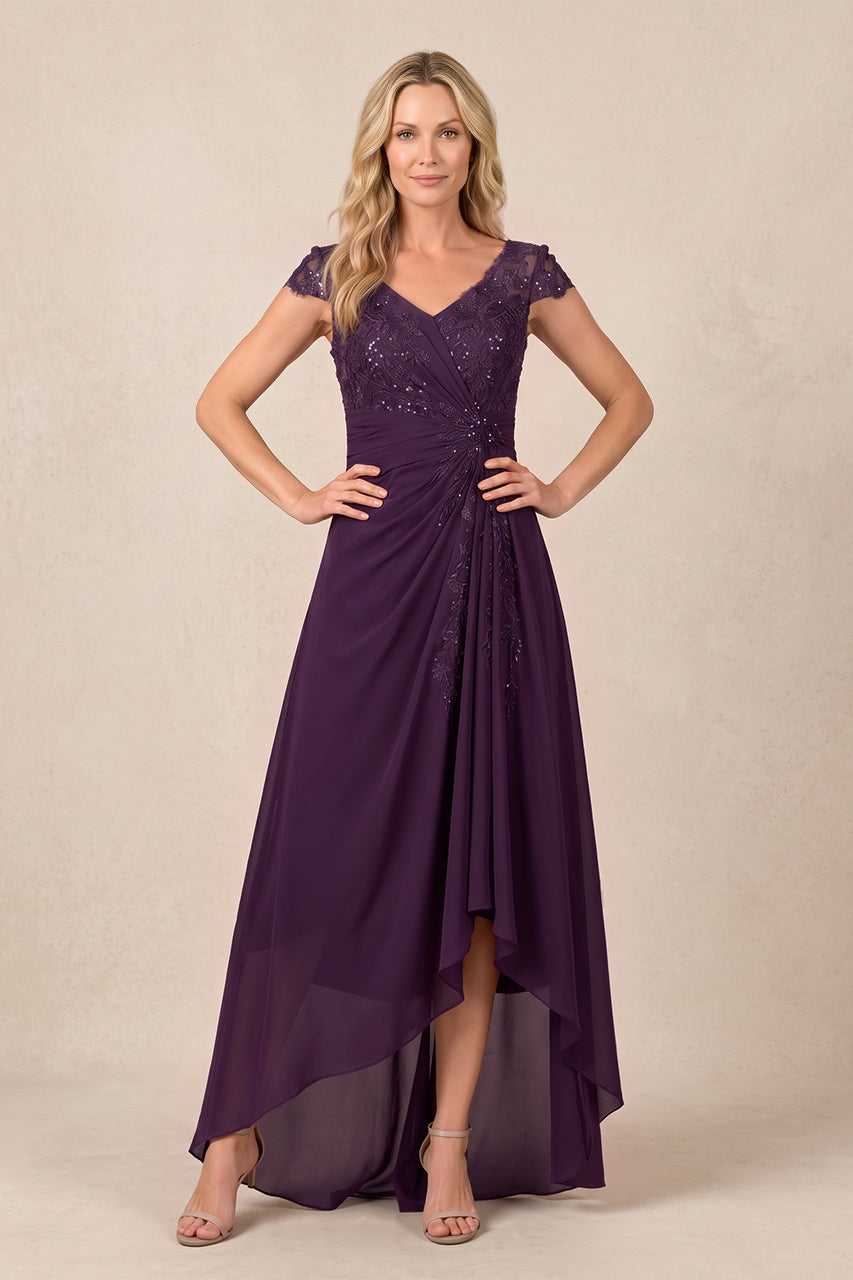 Plum V-Neck Chiffon A-Line Embroidered Ruched Mother of the Bride Dress