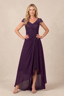 Plum V-Neck Chiffon A-Line Embroidered Ruched Mother of the Bride Dress | KISSBRIDAL