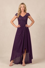 Plum V-Neck Chiffon A-Line Embroidered Ruched Mother of the Bride Dress | KISSBRIDAL