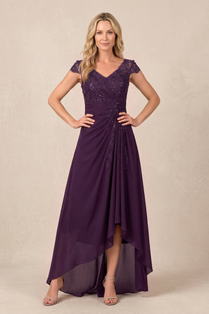 Plum V-Neck Chiffon A-Line Embroidered Ruched Mother of the Bride Dress | KISSBRIDAL