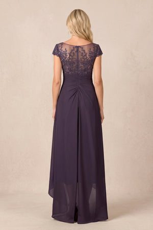 Plum V-Neck Chiffon A-Line Embroidered Ruched Mother of the Brides Dress (2) | KISSBRIDAL