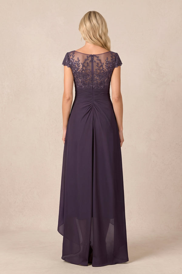 Plum V-Neck Chiffon A-Line Embroidered Ruched Mother of the Brides Dress (2) | KISSBRIDAL