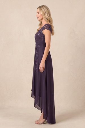 Plum V-Neck Chiffon A-Line Embroidered Ruched Mother of the Brides Dress (3) | KISSBRIDAL