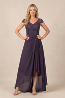 Plum V-Neck Chiffon A-Line Embroidered Ruched Mother of the Brides Dress | KISSBRIDAL