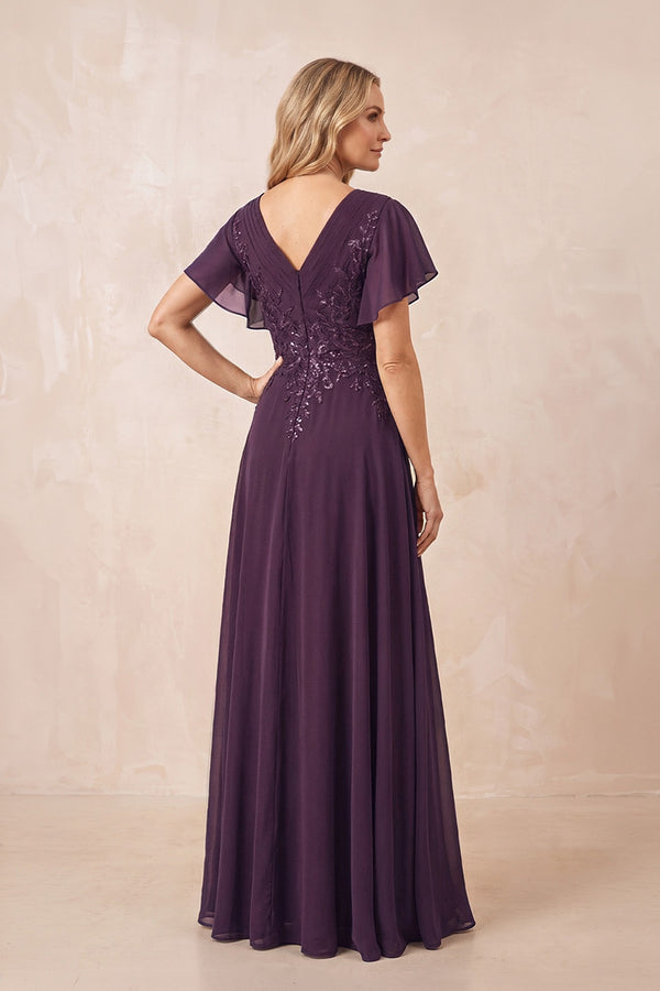 Plum V-Neck Chiffon Ruffled Sleeves A-Line Mother of the Bride Dress (2) | KISSBRIDAL